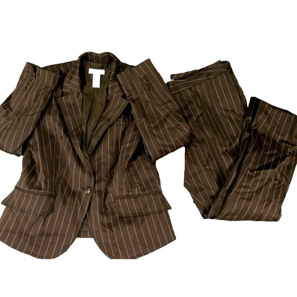 Worthington Stretch VINTAGE Brown Striped PANTSUIT Mixed sz 16 Top/14 Pants 8382 - Picture 1 of 8